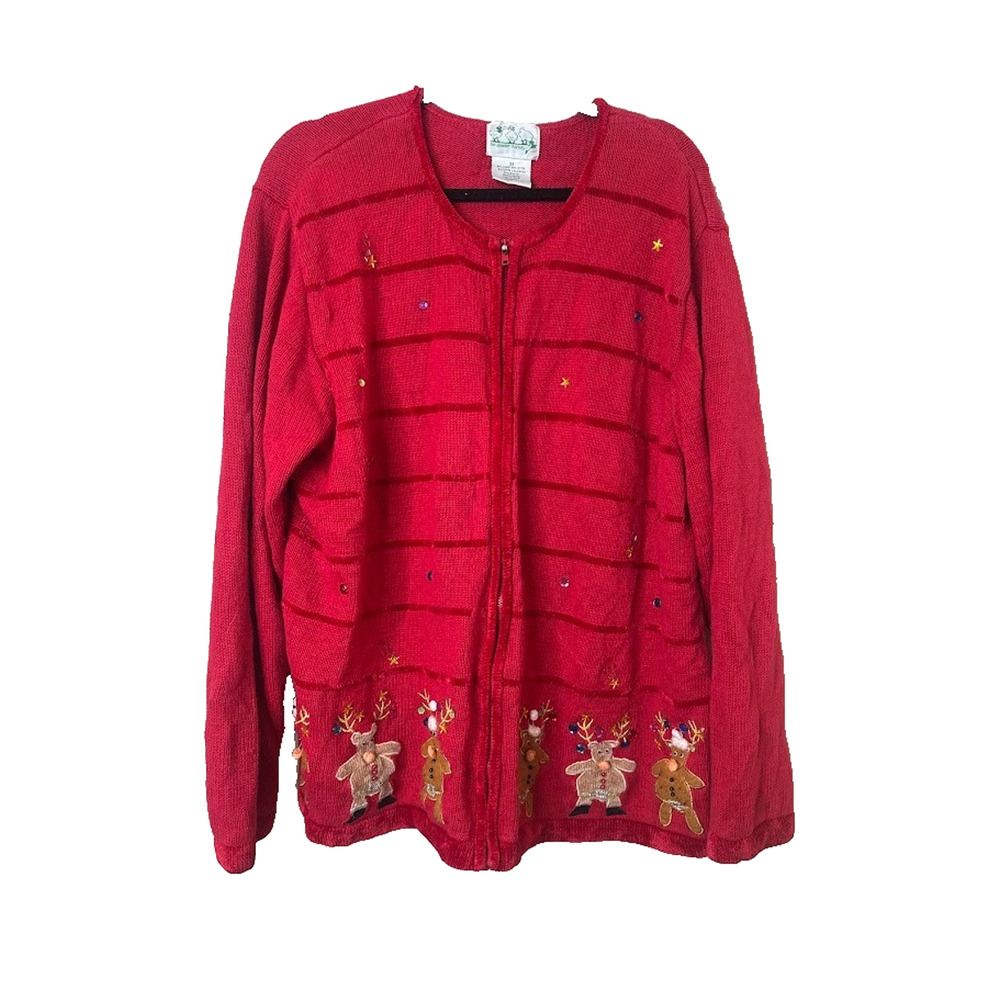 The‎ Quacker Factory Reindeer 2X Red Christmas Cardigan Sweater Full Zip Novelty